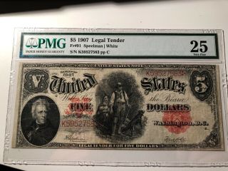 1907 $5 Legal Tender Fr 91 Pmg 25 Speelman/white Bill 1