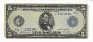 1914 $5 Dollar Federal Reserve Note President Lincoln Type A D11726865a