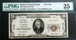 $20 1929 Sharon,  Pa Mcdowell Nb Ch.  8764 Pmg 25 Very Fine Fr 1802 - 1 Ch 8764
