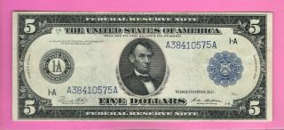 $5 1914 Boston Massachusetts Federal Reserve Bank Note Five Dollar Bill Currency