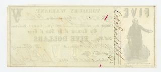1862 Cr.  12A $5 TEXAS Treasury Warrant - CIVIL WAR Era AU 2