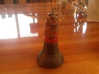 Vintage Mid Century Hand Painted Matryoshka? Russian Brass And Wood Bell 3 "