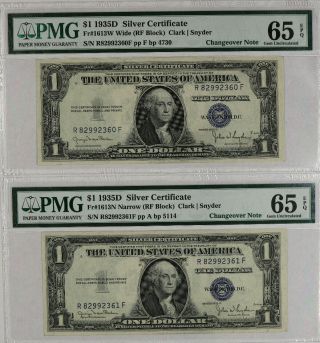 1935 D $1 Silver Certificate Pmg Cert 65/65 Epq Change Over Pair Wide/narrow