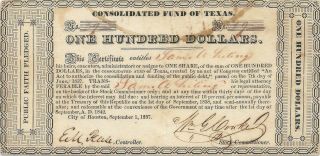 1837 $100 Consolidated Fund Of Texas Houston Texas Early Republic Currency