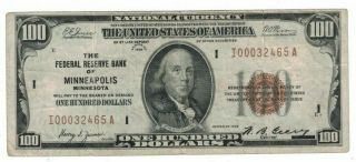 1929 Us $100 Minneapolis Federal Bank National Currency Brown Seal Note H0032465