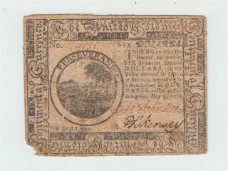 1776 Continental Currency Pennsylvania $6 Six Dollars Note Philadelphia Us Usa