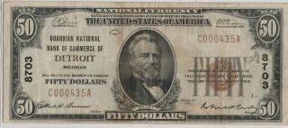 $50 1929 National Bank Note - Small Ty1 Fr 1803 - 1 Ch 8703 - Detroit Mi Low Sn