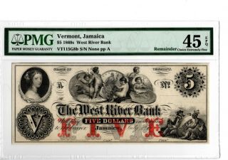 1860s $5 West River Bank Jamaica,  Vt Obs Note Vt115g - 8b Pmg 45 Epq 19 - C240