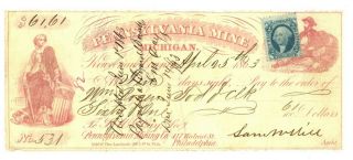 Pennsylvania Mine Company Check.  Michigan.  1863 Sam Hill
