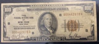 1929 $100,  Federal Reserve Bank Notes,  Fs 1890 - B,  Ny,  Light Brown Seal,  Folded,