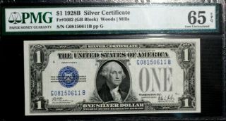 Fr.  1602 $1 1928 B Silver Certificate Funny Back Pmg 65 Epq Note Gem