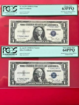 1935 D $1 Silver Certificate Pcgs Cert 63/64 Change Over Pair Wide/narrow