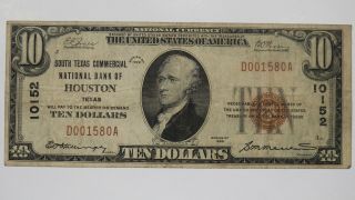 1929 $10 National Bank Note Currency Houston Texas F Vf Very Fine (580a)