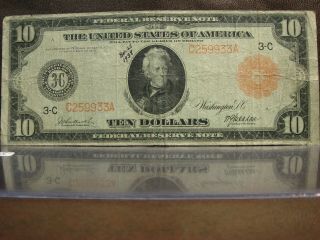 1914 $10 Jackson Federal Reserve Note 3 - C Philadelphia Red Seal Burke - Mcadoo