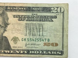 2004 - A $20 Twenty Dollar Federal Reserve Note ERROR MISSING GREEN TREASURY SEAL 2