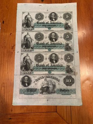 1860 Bank Of America,  Rhode Island 4 Note Uncut Sheet Crisp Uncirculated $5,  $10
