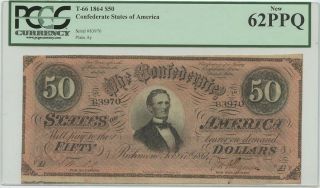 1864 $50 T - 66 Confederate States Of America Note Pcgs 62 Ppq