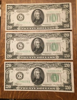 1934 - A (3) Unc $20 Twenty Dollars [ Sequential] Federal Reserve Note Chicago