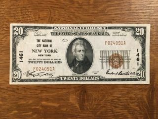 1929 $20 The Federal Reserve Bank Of York Ny National Currency Banknote