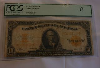 1922 $10 Gold Certificate Pcgs Certified Fine 15