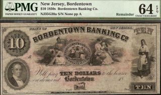 Large 1850s $10 Bordentown Bank Note Jersey Currency Paper Money Pmg 64 Epq