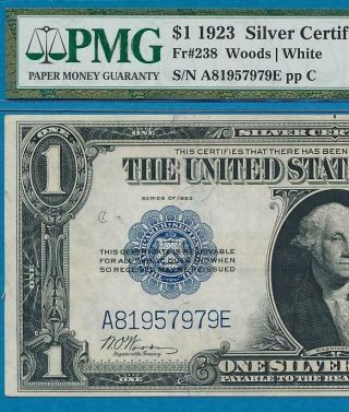 $1.  00 1923 FR.  238 PMG CHOICE 63 SILVER CERTIFICATE BLUE SEAL ATTRACTIVE 2