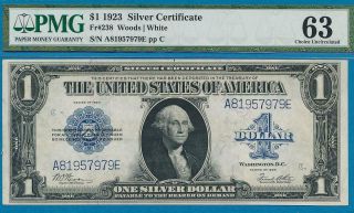 $1.  00 1923 FR.  238 PMG CHOICE 63 SILVER CERTIFICATE BLUE SEAL ATTRACTIVE 3