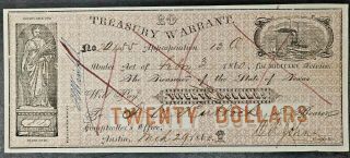 1860 State Of Texas Treasury Warrant Twenty Dollars For Military Service Usa