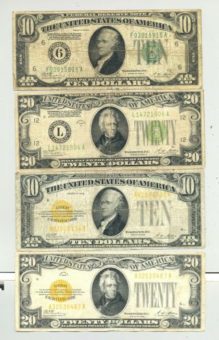 $10 And $20 Series 1928 Gold Certificates & Federal Reserve Notes Numbered Seal