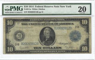 $10 1914 Federal Reserve Note York Fr 911a Pmg Vf20