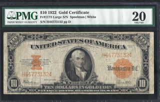 1922 $10 Gold Certificate Fr 1173 Large S/n Coment Pmg 20 Very Fine