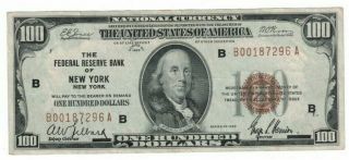 1929 Us $100 York Ny Federal Bank National Currency Brown Seal Note H0187296