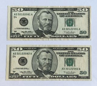 Two Sequential 1996 $50 Fifty Dollar Bills Federal Reserve Note (as A Pair)