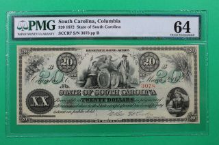 1872 $20 State Of South Carolina Columbia Obsolete Pmg 64 Choice Unc