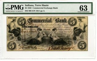 1858 $5 Commercial Bank.  Terre Haute,  Indiana Pmg 63
