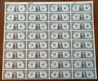 Uncut Sheet Of 32 1988 $1 Notes Uncirculated L - A Block San Francisco,  Ca