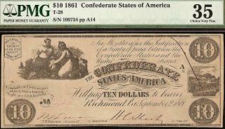 1861 $10 DOLLAR BILL CONFEDERATE STATES CURRENCY CIVIL WAR NOTE MONEY T28 PMG 35 2