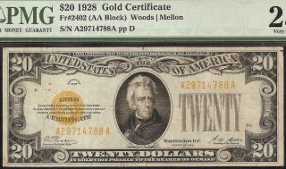1928 $20 Dollar Gold Certificate Coin Note Currency Paper Money Fr 2402 Pmg Vf