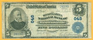 1902 $5 Monongahela National Bank Of Brownsville,  Pa National Currency Ch.  648