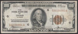 1929 $100 Federal Reserve Bank Note.  Chicago,  Il Brown Seal Fr.  1890 - G Vf