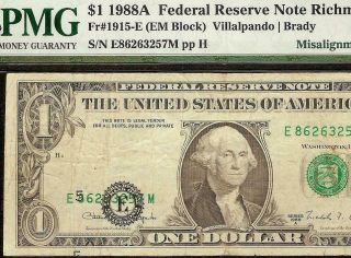 1988 A $1 Dollar Bill Misalignment Shift Error Note Currency Paper Money Pmg Vf