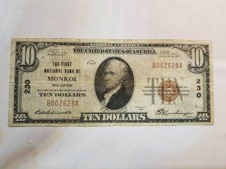 1929 $10 First National Bank Of Monroe,  Wisconsin Ch 230