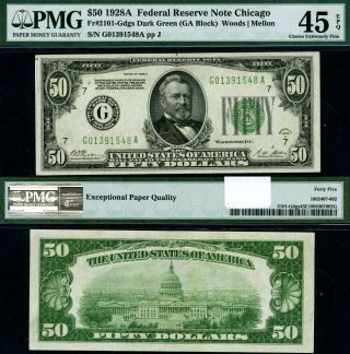 Fr.  2101 G $50 1928 - A Federal Reserve Note Chicago G - A Block Dgs Ch Pmg Xf45 Epq