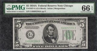 1934a $5 Chicago Federal Reserve Note - Pmg Gem Uncirculated Cu 66epq - C2c