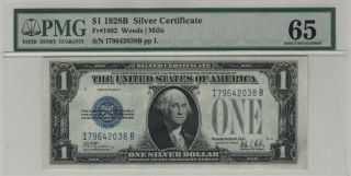 1928 B $1 Silver Certificate Note Currency Ib Block Pmg Cu 65 " Funny Back "