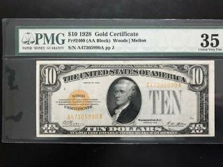$10 1928 Gold Certificate Fr 2400 Woods/mellon Pmg 35 Choice Very Fine.