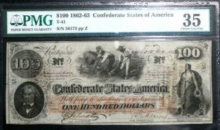 T - 41 $100 Confederate Paper Money 1862 Pmg 35 Choice Very Fine Advertising Note