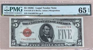 $5 1928 - C Legal Tender Note,  Fr 1528,  Pmg 65 Gem Unc. ,  Julian/morgenthau