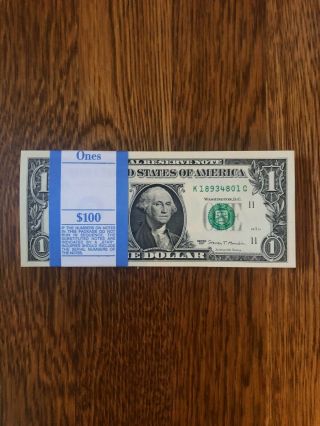 One Pack 100 One Dollar Bills $1 Paper Money Bep Bundle W/ Strap