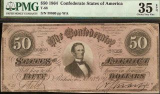 1864 $50 Dollar Confederate States Note Civil War Paper Money T - 66 Pmg 35 Epq